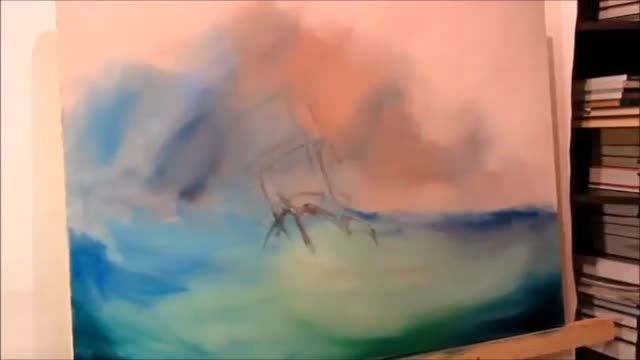 نقاشی دریا و کشتی با رنگ روغن