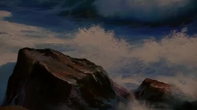 نقاشی موج و صخره با رنگ روغن