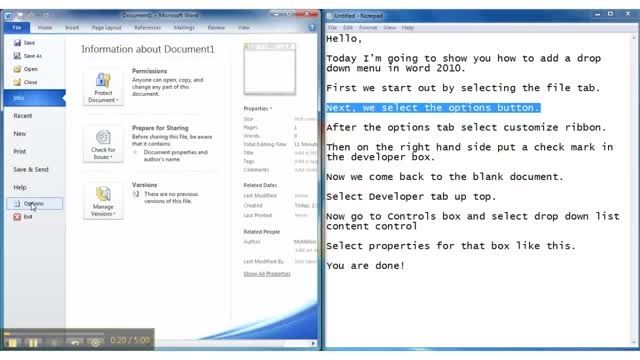 How to add a drop-down menu in Microsoft word 2010