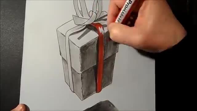 نقاشی یک جعبه ی هدیه به صورت سه بعدی