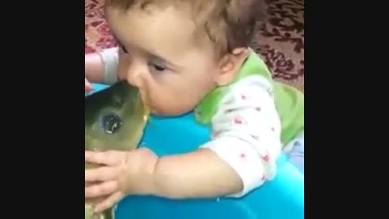 بچه دهن ماهی رو با پستونک اشتباه گیر آورده