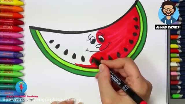 آموزش نقاشی کودکان : طراحی هندوانه خندان با ماژیک 