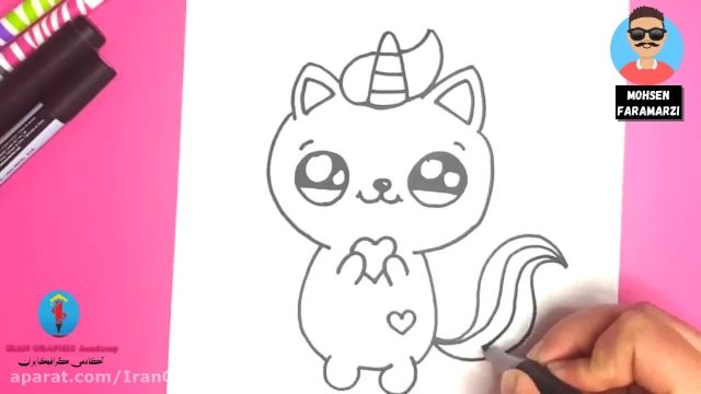 آموزش نقاشی کودکان : نقاشی و طراحی گربه تک شاخ ناز و رنگ آمیزی  