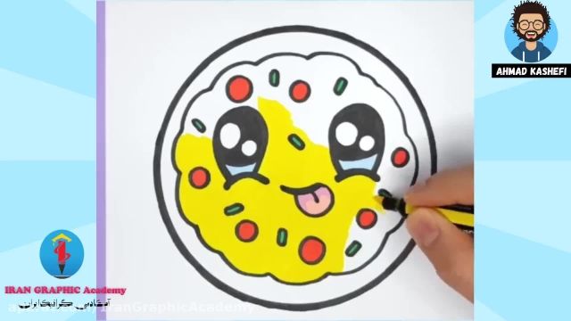 آموزش نقاشی کودکان : نقاشی و طراحی پیتزا خوشحال و رنگ آمیزی 