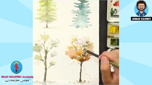 آموزش نقاشی کودکان :نقاشی درختان با آبرنگ 