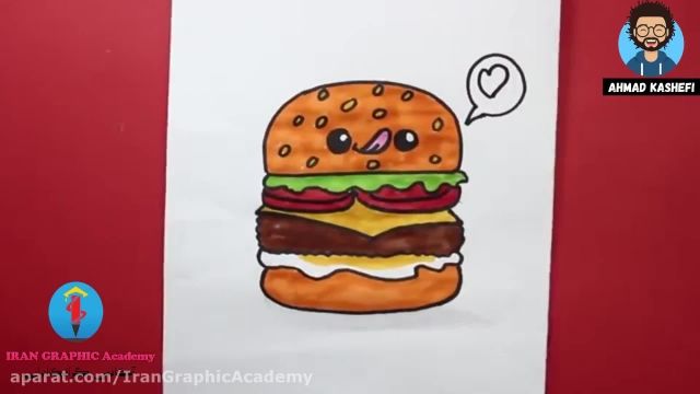 آموزش نقاشی کودکان : نقاشی همبرگر و رنگ آمیزی 