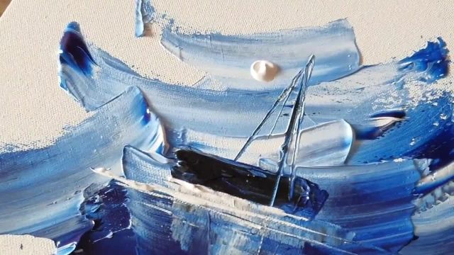 اموزش اسان نقاشی ابستره دریا و قایق بادبانی