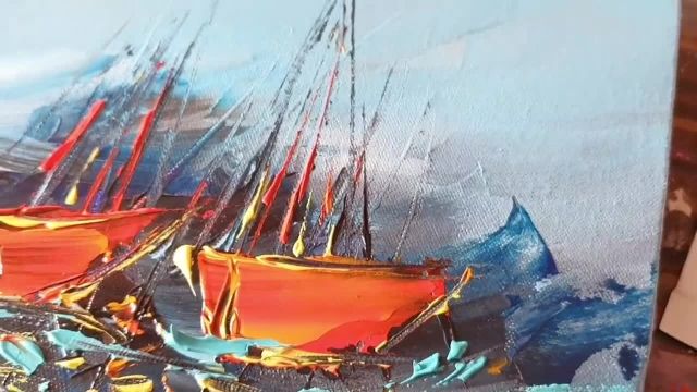 اموزش اسان نقاشی ابستره با رنگ اکرلیک ( قایق های بادبانی قرمز )
