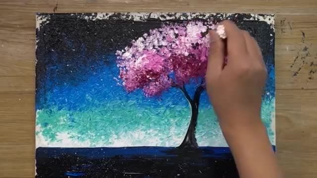 آموزش گام به گام نقاشی با تکنیک آسان برای مبتدیان (درخت زیر ستارگان)