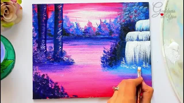 نقاشی اکریلیک آبشار و دریاچه