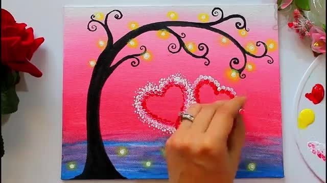 نقاشی اکریلیک درخت و قلب