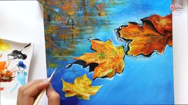 نقاشی اکریلیک برگ روی آب