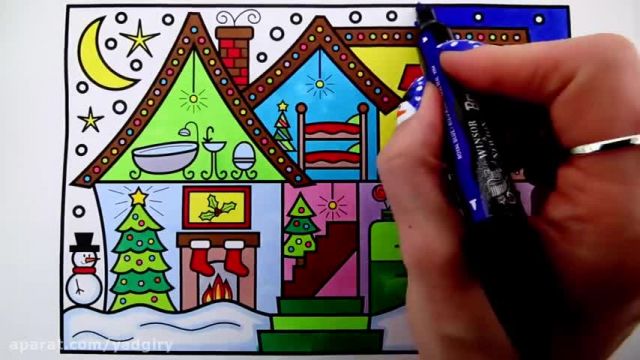 آموزش تصویری نقاشی به زبان ساده برای کودکان - (نقاشی خانه در شب کریسمس)