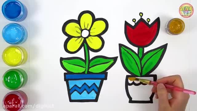 آموزش تصویری نقاشی به زبان ساده برای کودکان - (نقاشی گل و گلدان)