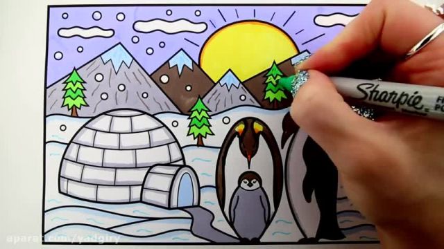 آموزش تصویری نقاشی به زبان ساده برای کودکان - (نقاشی پنگوئن و قطب جنوب)
