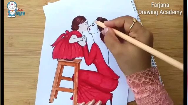 آموزش کشیدن نقاشی روز مادر عشق مادر به دختر به کودکان