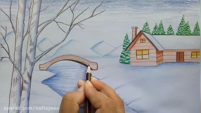 آموزش تصویری نقاشی به کودکان به زبان ساده - این قسمت (نقاشی منظره برفی)
