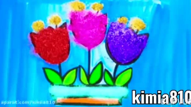 آموزش تصویری نقاشی به زبان ساده برای کودکان - (نقاشی گلدان گلهای لاله رنگارنگ)