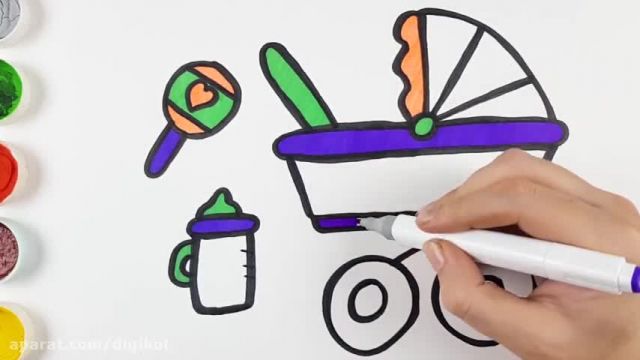 فیلم آموزش نقاشی به کودکان با زبان ساده - (نحوه کشیدن نقاشی کالسکه و شیشه شیر)