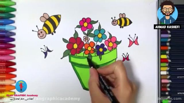 آموزش کشیدن نقاشی گلدان گل با ماژیک به کودکان