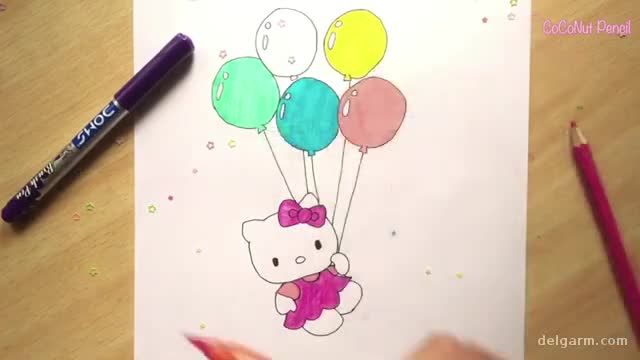 آموزش تصویری نقاشی گربه کیتی برای کودکان با مداد رنگی