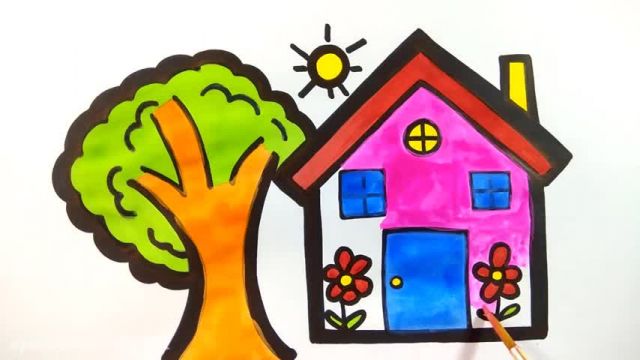 آموزش تصویری نقاشی برای کودکان - نقاشی درخت و خانه بسیار زیبا و ساده !