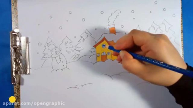 آموزش تصویری نقاشی به زبان ساده برای کودکان - (نقاشی منظره برفی)
