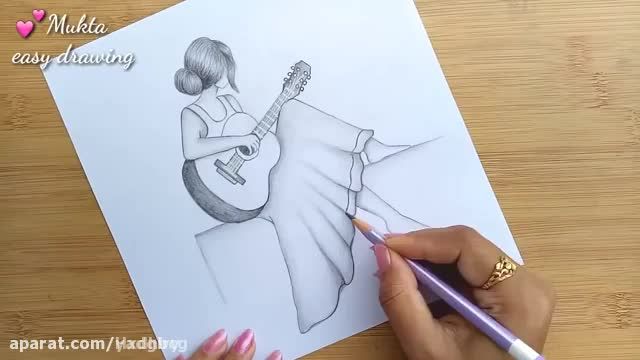 آموزش تصویری نقاشی به زبان ساده برای کودکان - (نقاشی دختر گیتارزن)