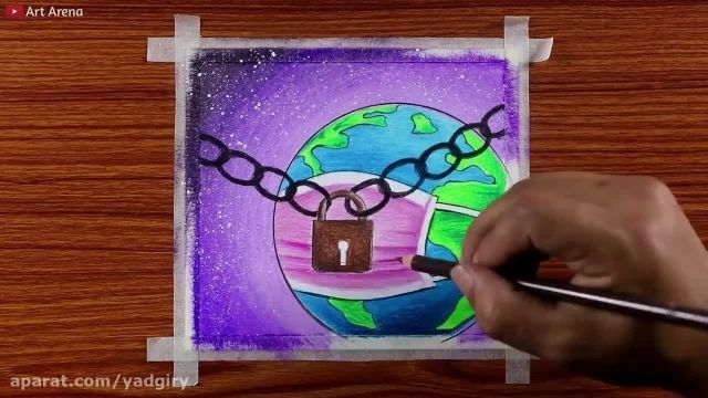 آموزش نقاشی پاستل کره زمین بیمار - نقاشی کودکانه ویروس کرونا 