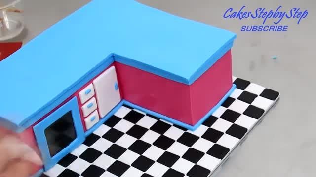 روش تهیه سریع و سه کیک فانتزی تولد به شکل آشپزخانه با یک مینی کیک زیبا