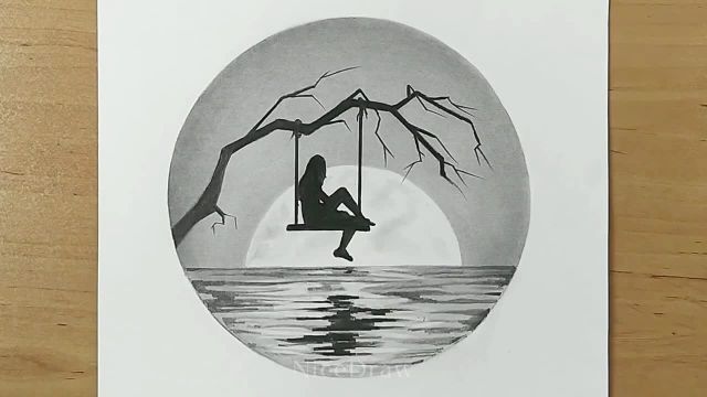 بیان احساسات از طریق نقاشی های طرح مداد : دختر تنها نشسته روی تاب در یک ترکیب دایره ای