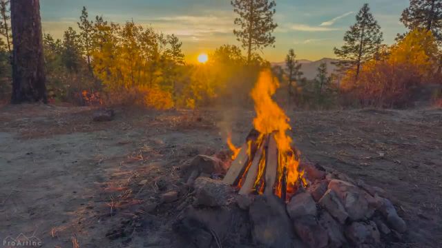 آتش کمپ صلح آمیز در طلوع آفتاب | ویدیوی آرامش در طبیعت با صدای ترقه آتش