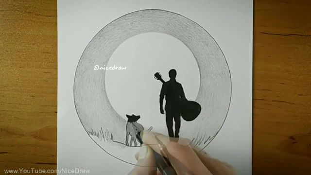 آموزش گام به گام نقاشی : تکنیک ساده طراحی دایره ای برای ایجاد یک منظره شبانه جذاب با یک پسر و سگ