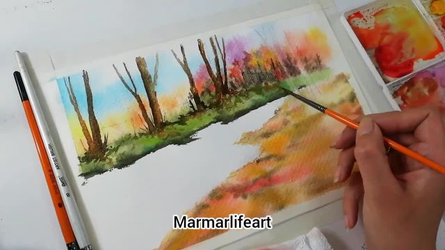 آموزش مرحله به مرحله نقاشی منظره پاییزی زیبا با آبرنگ (بخش 1)