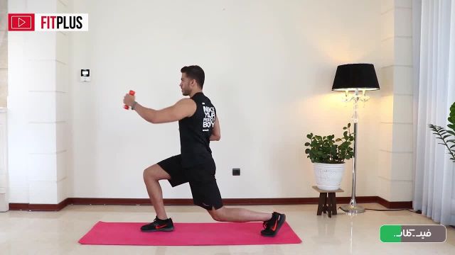 آموزش حرکت ورزشی ترکیب لانگز ثابت و پانچ با دمبل