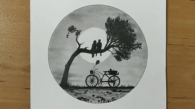 طراحی خیره کننده منظره مهتابی از یک دختر و پسر نشسته بر روی یک درخت شاخه - تکنیک طراحی دایره ای