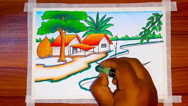 آموزش نقاشی روستای سرسبز و زیبا