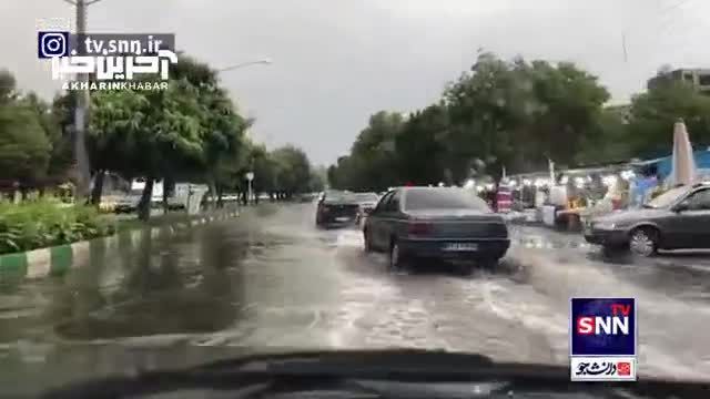 باران شدید و آب‌گرفتگی معابر در شهر مراغه