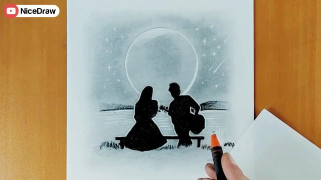 آموزش نقاشی فانتزی عاشقانه : گام به گام رسم دختر و پسر روی ماه