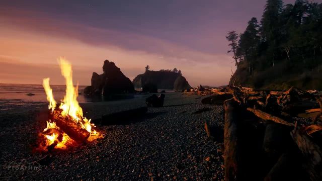 8 ساعت آتش کمپ در ساحل | آتش سوزی با صدای امواج اقیانوس