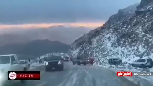 بارش برف در کوه «اللوز» در ارتفاعات تبوک عربستان