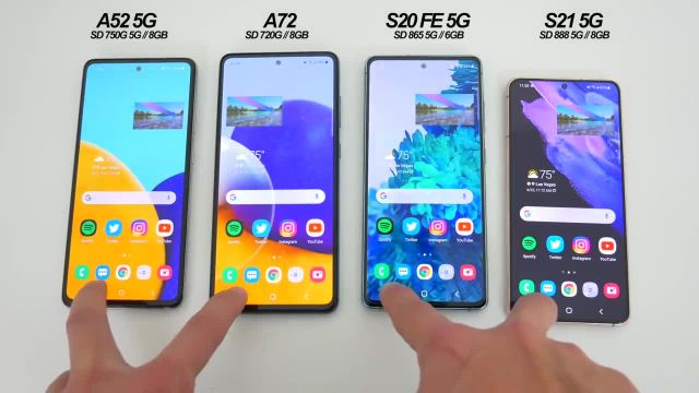 تست سرعت و مقایسه Samsung Galaxy A52 5G در مقابل A72 در مقابل S20 FE در مقابل S21