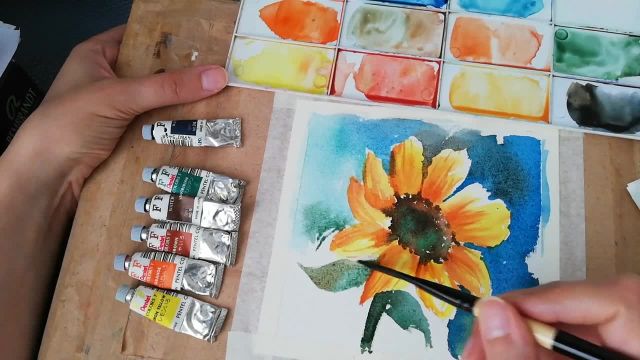 آموزش نقاشی گل آفتابگردان با آبرنگ