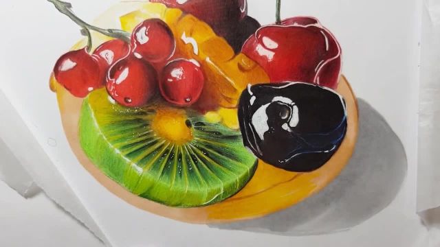 آموزش نقاشی هایپررئال سینی میوه با ماژیک و مداد رنگی