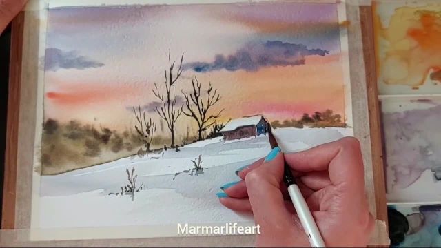 نقاشی زمستان منظره برفی | آموزش منظره برفی آبرنگی