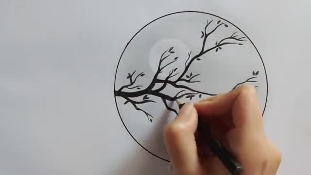 آموزش نقاشی گربه روی درخت با مداد | طراحی مناظر دایره ای