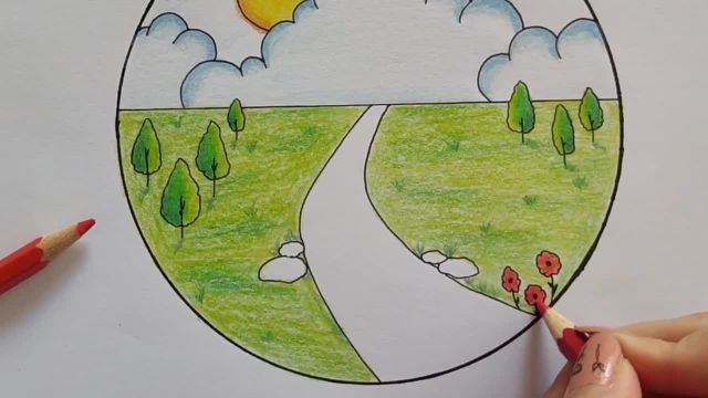 آموزش نقاشی منظره با مداد رنگی  | طراحی مناظر دایره ای