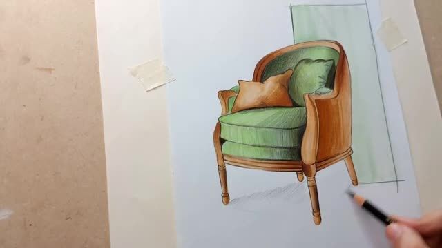 طراحی پرسپکتیو دو نقطه صندلی با ماژیک و مداد رنگی