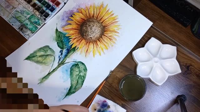 آموزش آبرنگ ساده برای مبتدی ها | نقاشی گل آفتابگردون