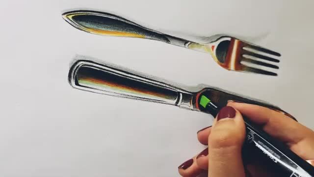 آموزش نقاشی کارد و چنگال هایپررئال با ماژیک و مداد رنگی (کلاسیک و معمولی)